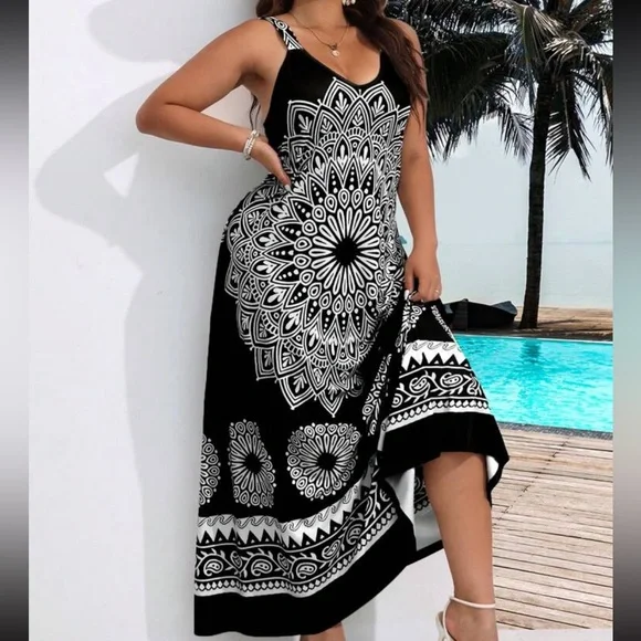 Boho Plus Size Mandala Floral Print Cami Sleeveless Maxi Dress | Color: Black | Size: 0x | Fashionatposh's Closet